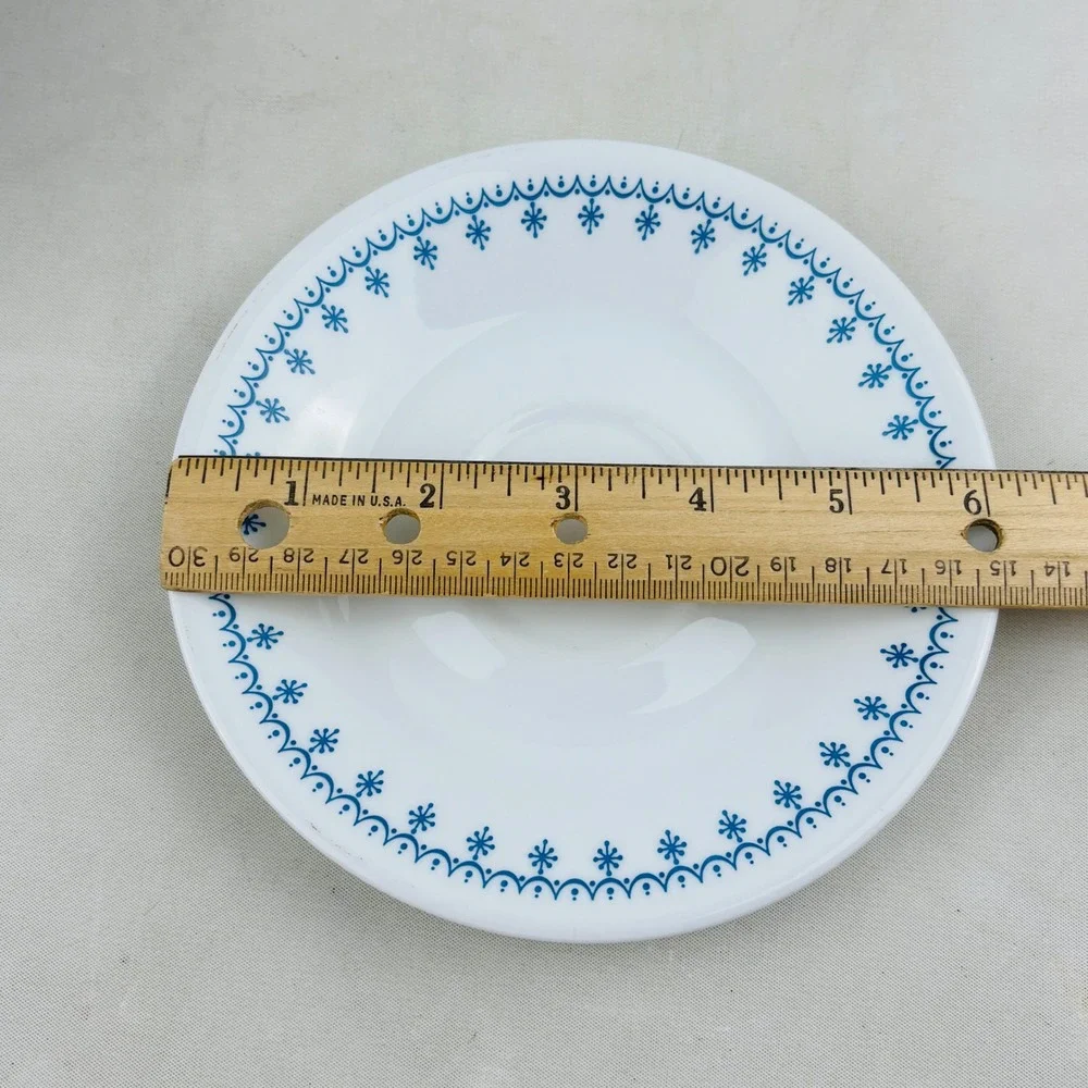 Corelle Snowflake Blue 6 Flat Cup & Saucer Sets White Ring Handle Vintage‎